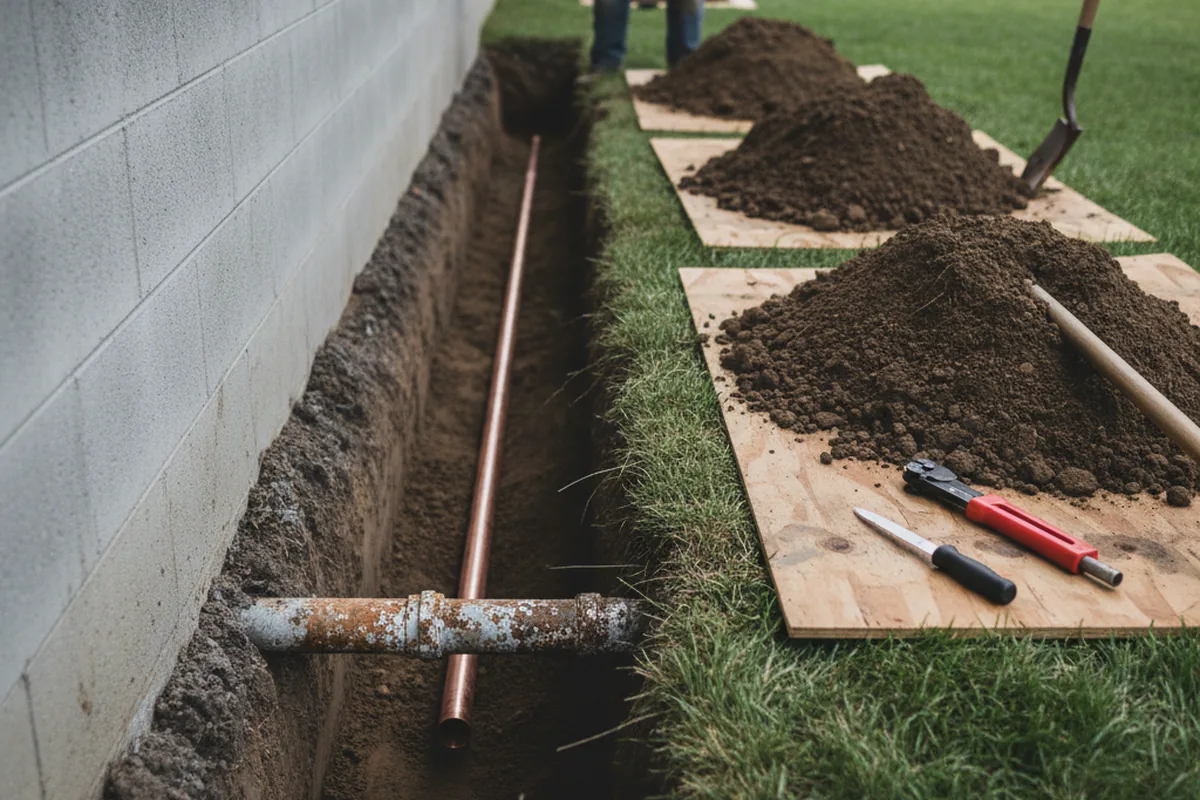 Excavated water line trench during Sewer Line Repair in Rosser